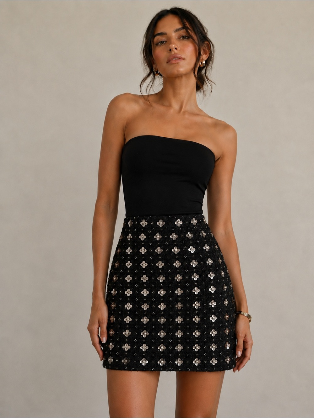 Black Floral Sequin Embellished Mini Skirt - Picture 1 of 6